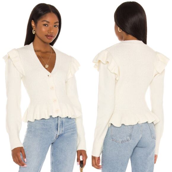 NWT Line & Dot Jersey Kate Long Sleeve Ruffle Trim Button Front Sweater Cream S - Picture 1 of 5